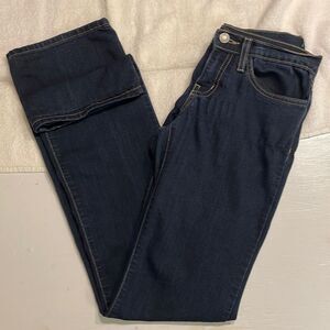Size XS (24) Flying Monkey dark wash low rise flared 5-pocket blue jeans